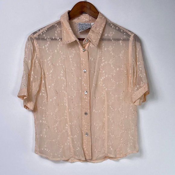 2 Of Us NYC VTG Peach Orange Sheer Floral Embroidered Button Short Sleeve Top L - Picture 5 of 9